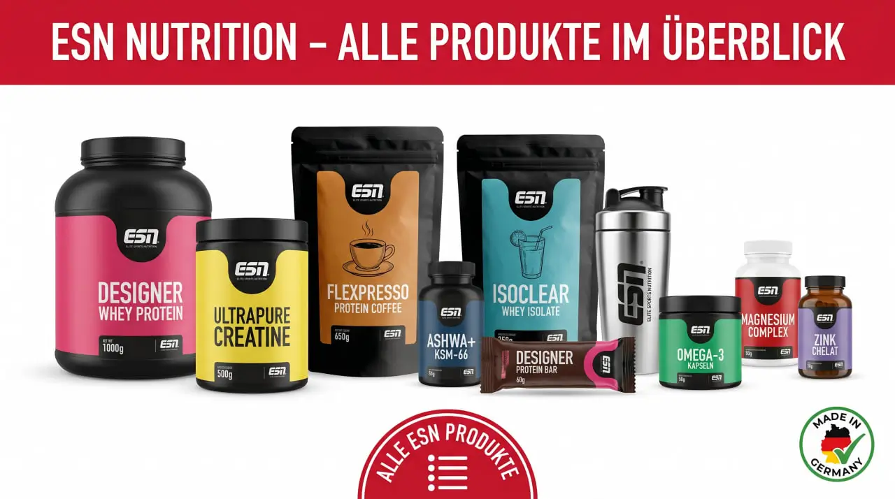 ESN Nutrition 2026 — komplette Produktlinie mit Designer Whey, Ultrapure Creatine, Flexpresso, Ashwa Pro und Designer Bar