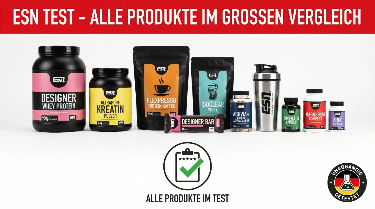 ESN Test 2026 — Designer Whey, Ultrapure Creatine, Flexpresso, Ashwa Pro und Crank3d im Vergleich
