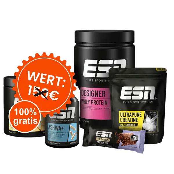 ESN XXL Paket — Designer Whey, Ultrapure Creatine, Flexpresso, Ashwa Pro und Designer Bar im Wert von 150 Euro
